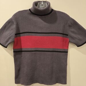 Vintage Y2K Womens Sz M Gray & Red Knit Turtleneck Short Sleeve Sweater Cropped